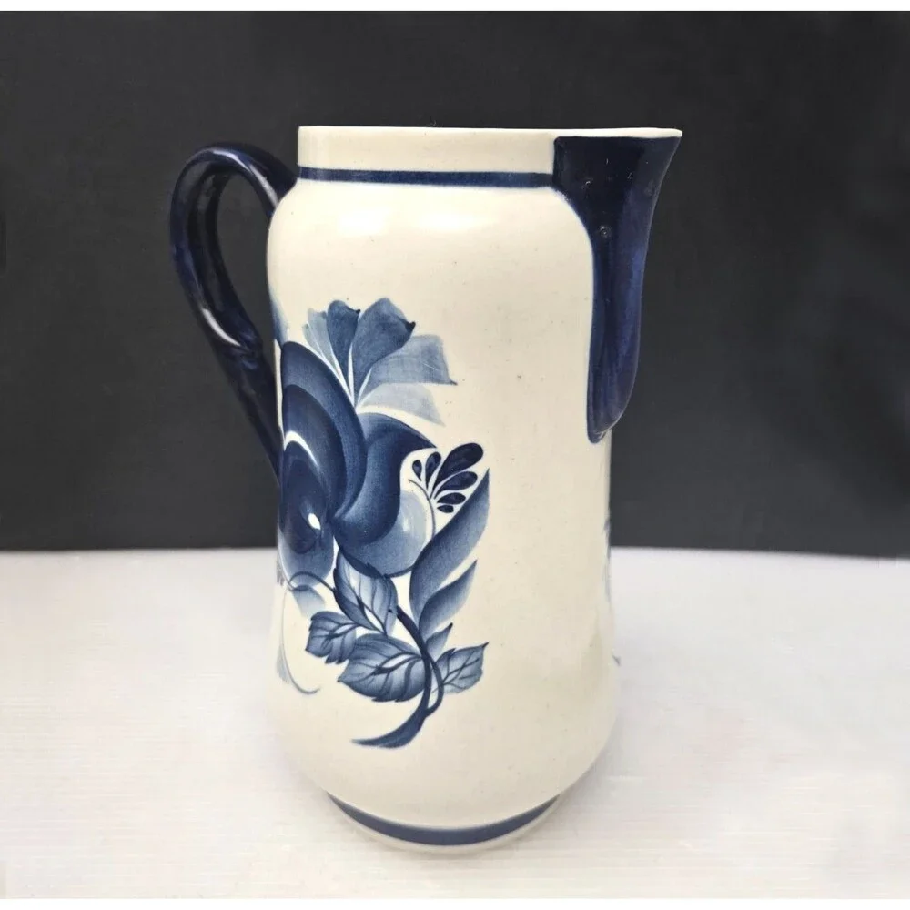 Vintage Gzhel-Stye Russian Water Pitcher Vase Ewer Cobalt Blue Floral Signed 8